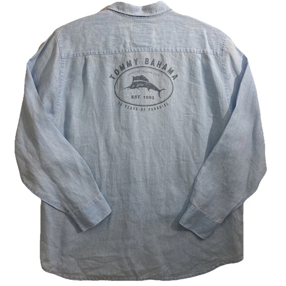 Tommy Bahama Other - Tommy Bahama 100% Linen Button Up Shirt Men's 2XL Blue 25 years of Paradise EUC